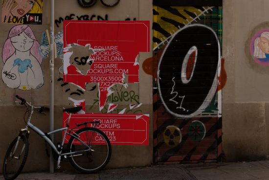 Urban street art with graffiti and bicycle, featuring torn mockup poster and colorful wall murals, depicting city vibe for graphic design inspiration.